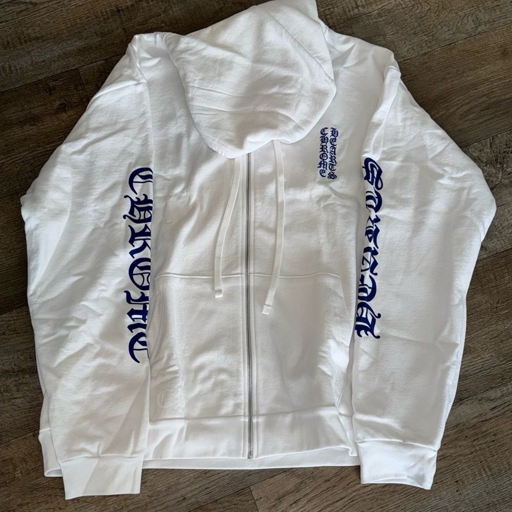 White Hoodie with Blue Gothic Text